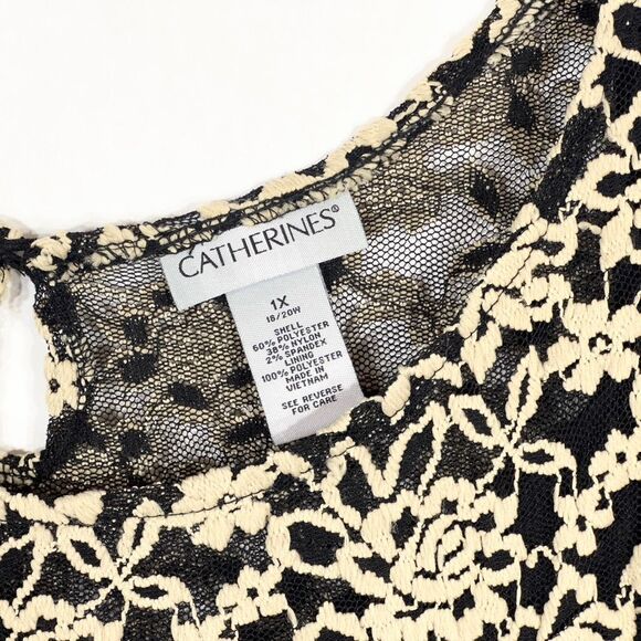 Catherines Plus Size 1X Top 18W 20W Lace Textured Beige Black‎ Lined Keyhole 728 - Picture 10 of 11